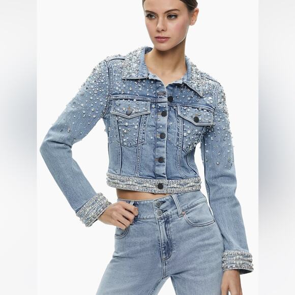 ALICE + OLIVIA Nelson Embellished Beaded Cropped Fitted Denim Jean Jacket Md NEW - Picture 2 of 15